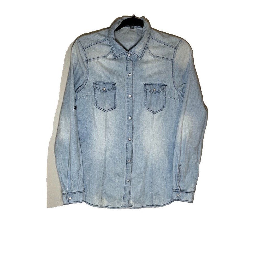 Retro Denim Pearl Snap Jean Shirt L Western Cowgirl Rodeo Country Farm Boho 90s